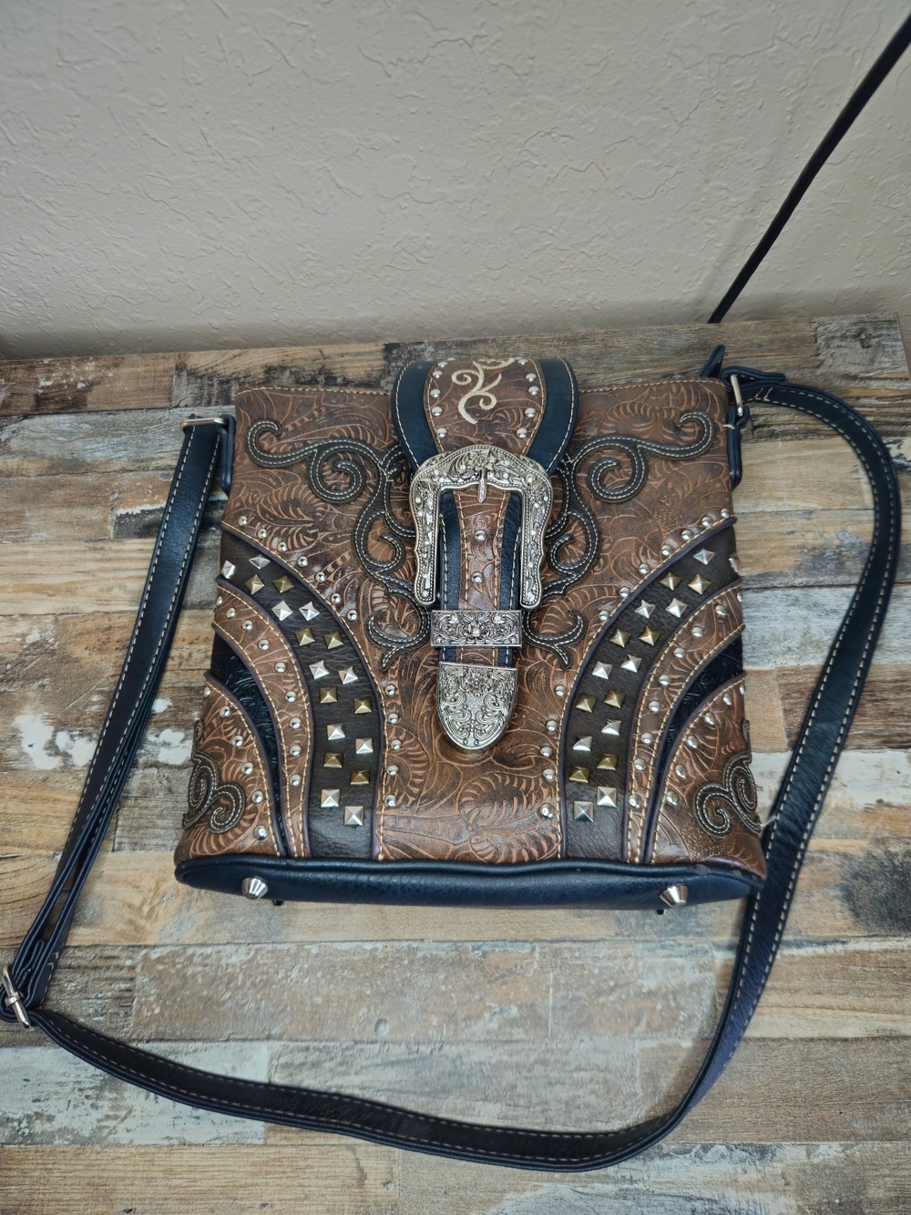 Western Tooled Brown & Black Crossbody Bag with Silver Buckle